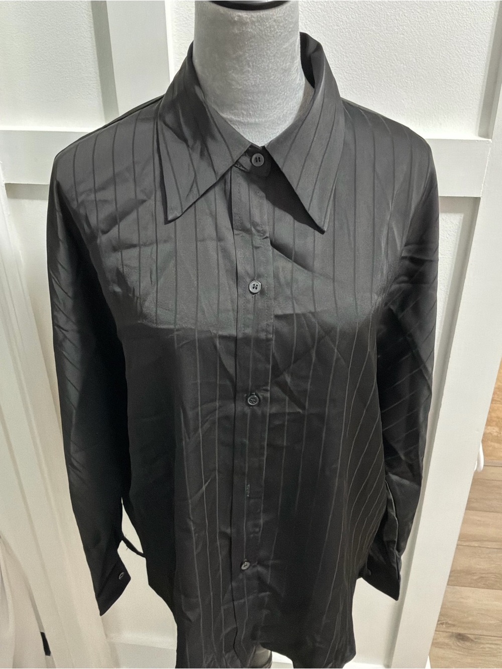Commense Black Pinstripe Satin Button-Front Blouse